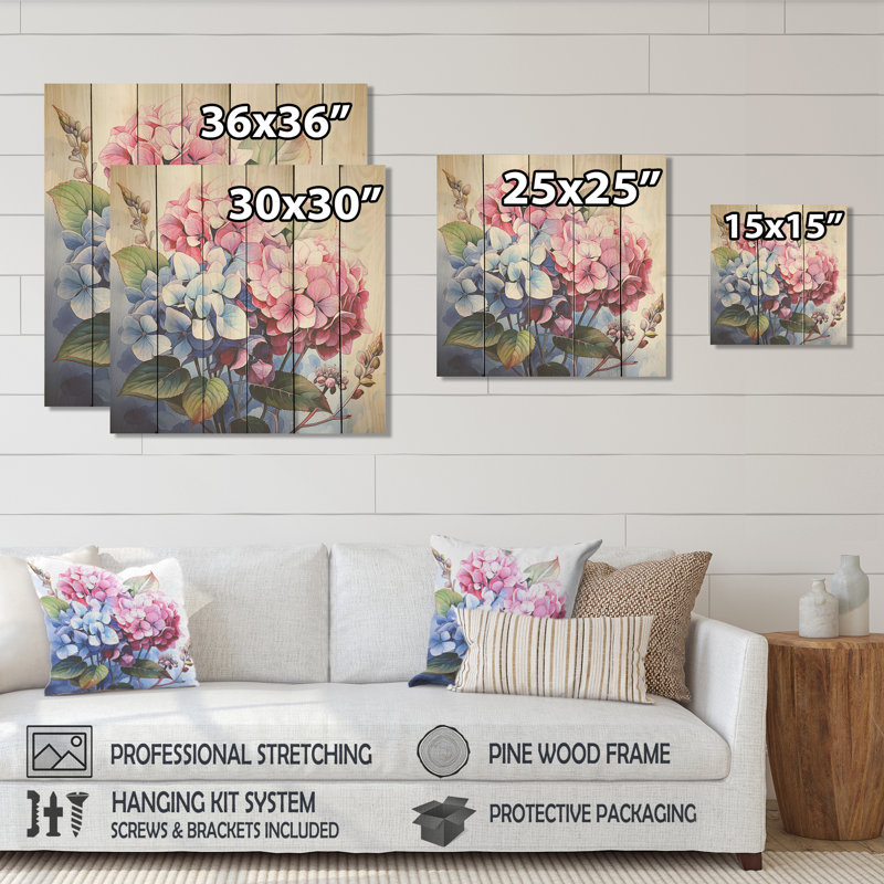 Hortensia rose et mauve harmonie II - hydrangées sur bois, H 25 po x l 25 po