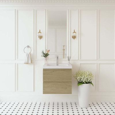 Meuble-lavabo flottant avec lavabo, meuble-lavabo mural moderne avec lavabo à surface solide et tiroirs à fermeture en douceur
