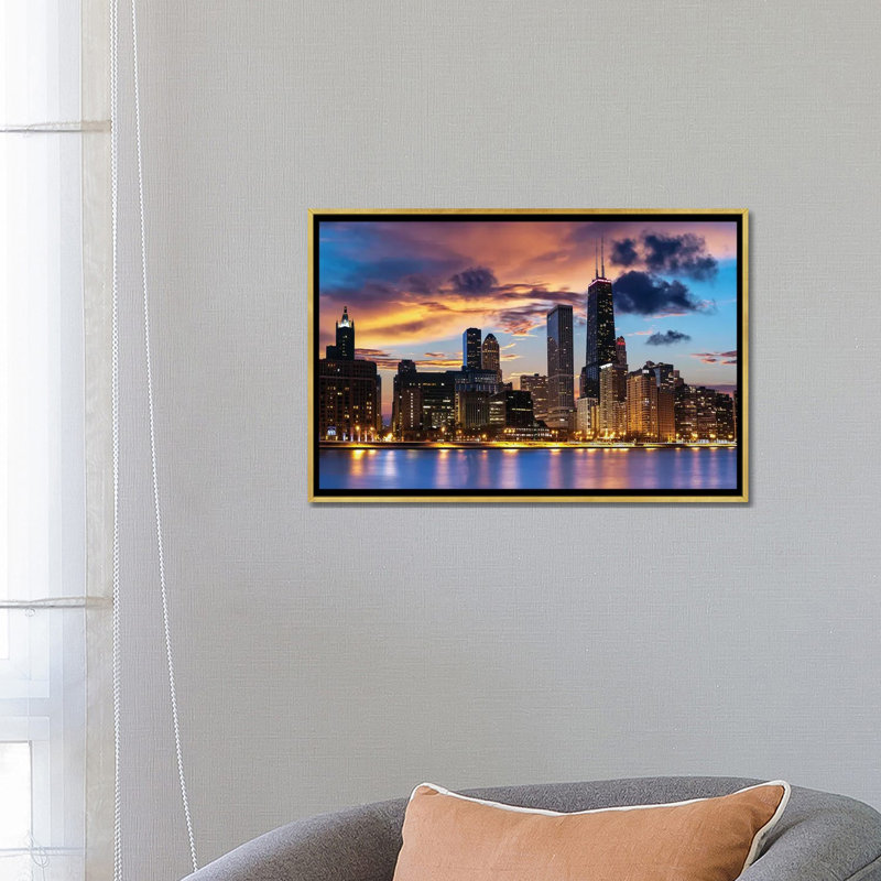 Horizon deChicago, Toile avec cadre flottant or, H 18 po x l 26 po x P 1,5 po