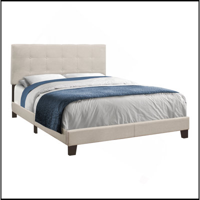 Bed, Queen Size, Bedroom, Upholstered, Beige Linen Look, Black Wood Legs, Transitional