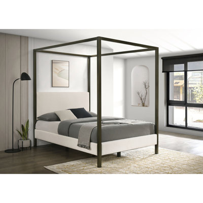 Mellie Vanilla Upholstered Canopy Bed with Four-Post Frame and Plush Padded Headboard, Perfect for Modern Bedrooms
