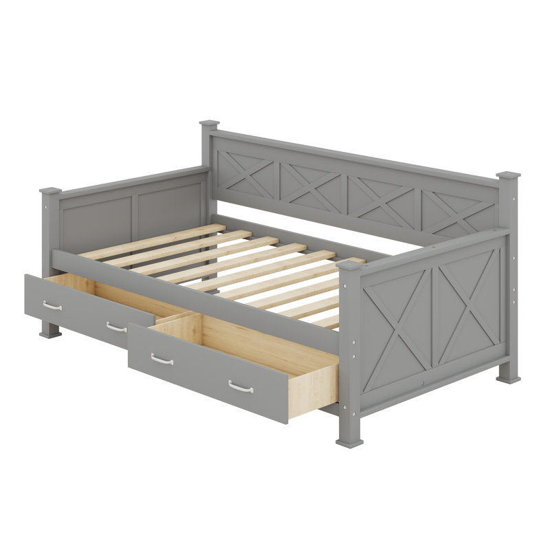 Lit de jour simple en bois moderne et rustique de style décontracté avec tiroirs, Gris