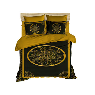 Ensemble de housse de courtepointe très grand, noir et or, 98,4 po x 78,7 po | 100% microsatine de polyester et 100% coton, 140 fils | Impression 3D de haute qualité, fermeture à glissière, lavable à la machine, design élégant pour une literie luxueuse