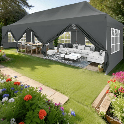 Tente d'auvent 10 x 30 avec 8 parois latérales amovibles, auvent facile à installer avec sac à roulettes et sacs de sable, pavillon de jardin étanche UPF50 + pour les fêtes de mariage