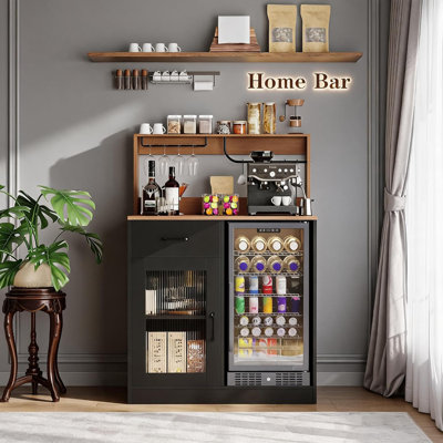 Modern Freestanding Wine Bar Cabinet with Fridge & Glass Holder