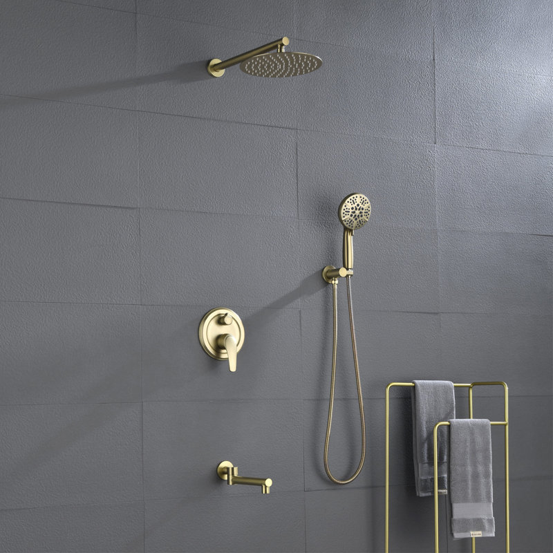 Wall Mounted Tub Shower System With Handheld Shower Single Handle Shower Faucet Set 12 Inch Brass Shower Trim Kit With Rough-In Valve