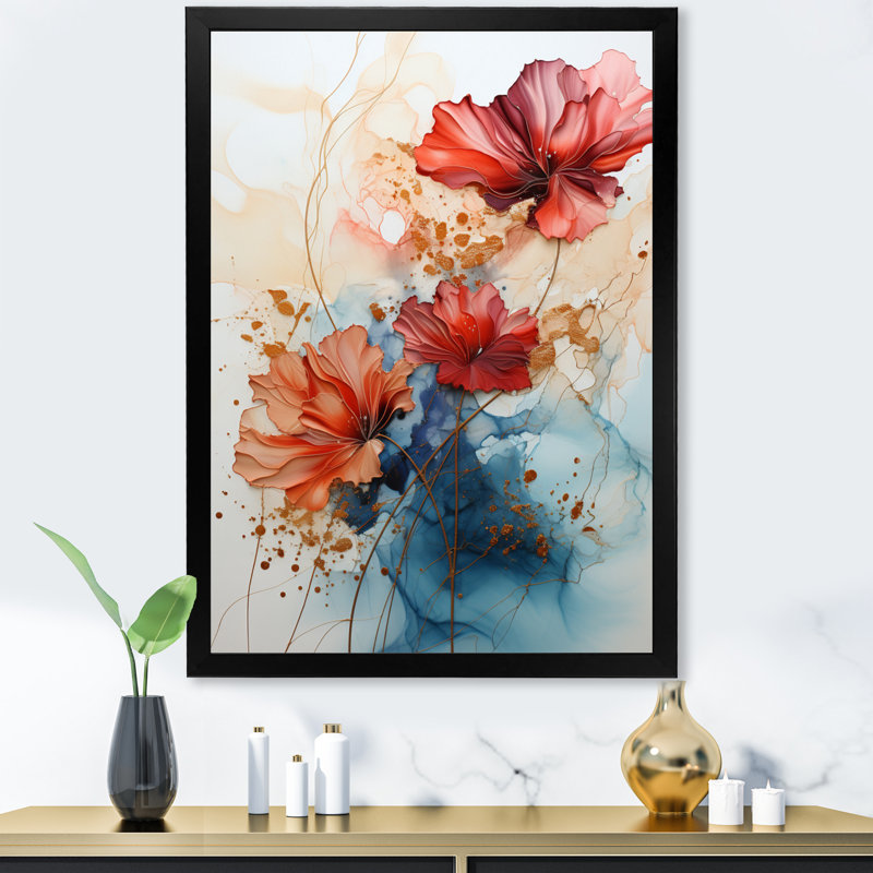 «Red Teal», art abstrait encadré de fractales, H 20 po x l 12 po x P 1 po, Cadre photo noir