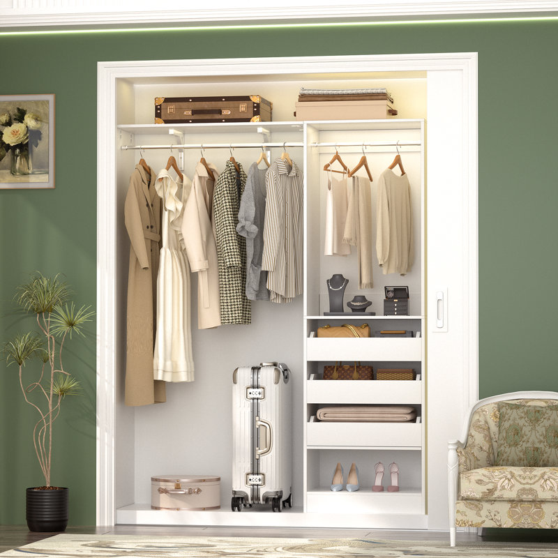 Ronnette 20"-60" Closet System with Three Wooden Drawers, White