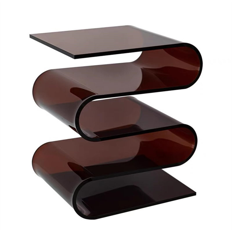 S-Shaped Acrylic Side Table, Amber Brown No-Assembly Multifunctional End Table with 4 Open Magazine Storage, 0.47" Thick Acrylic Accent Table for Living Room, Sofa, Bedroom & Balcony