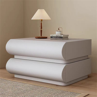 Modern 2-Drawer Nightstand with Wooden Knobs - Cream White Acrylic Finish, Rounded Corners Design for Bedroom or Nursery