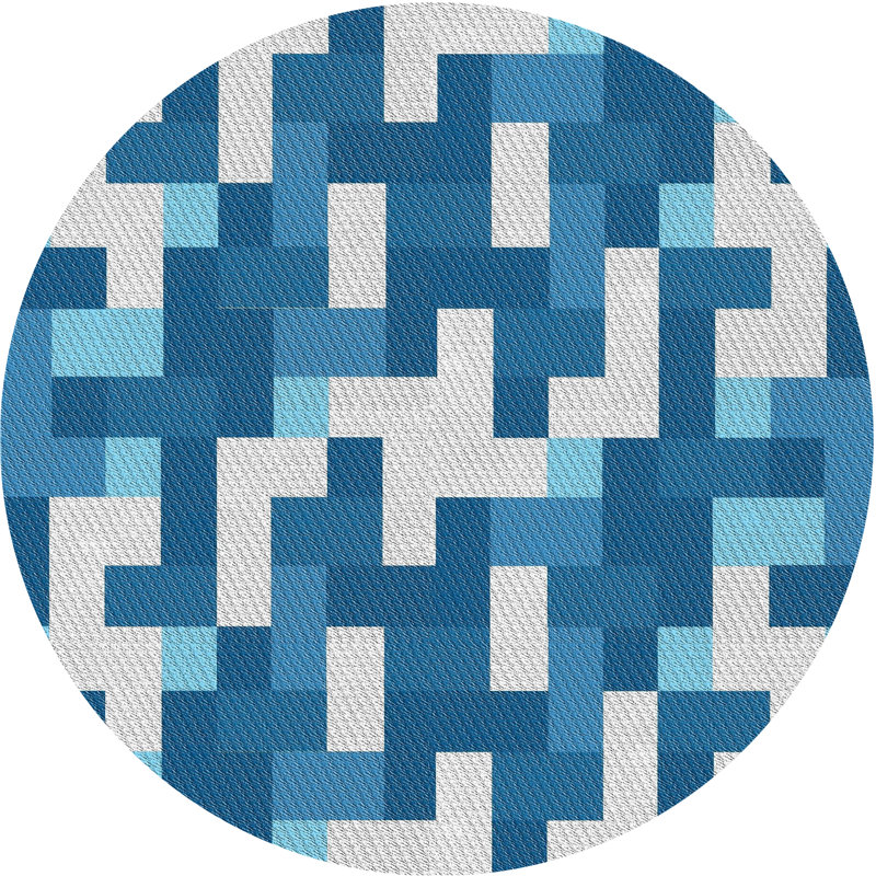 Tapis bleu/bleu/blanc à motifs, Rond 3 pi