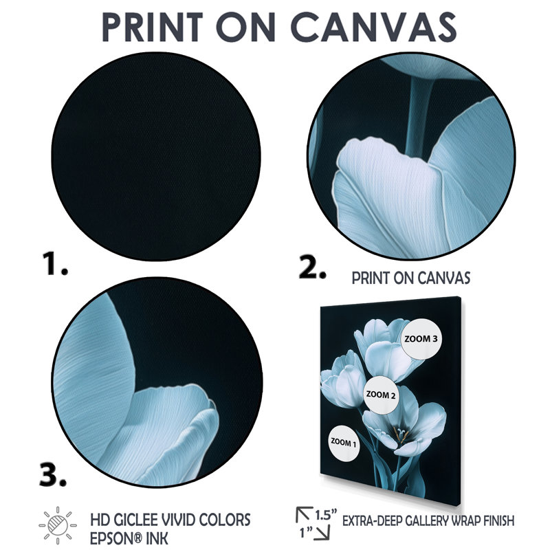 Tulipes bleues et blanches, H 40 po x l 30 po, Reproduction avec cadre flottant, Blanc