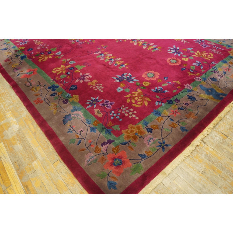 Tapis antique rose et rouge en laine Art déco