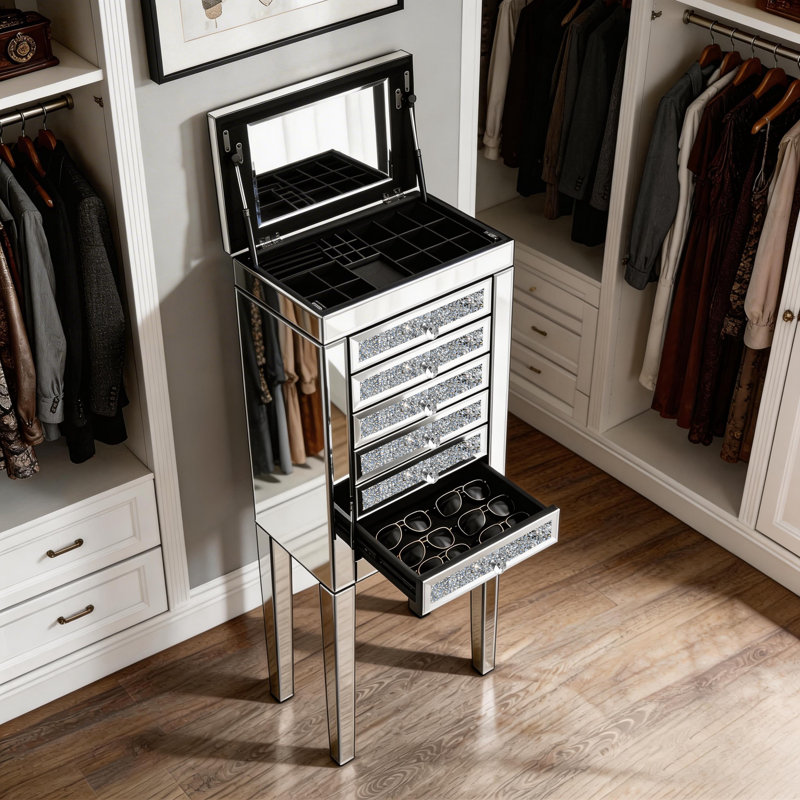 130Cm Hollywood Style Mirrored Makeup Vanity with 13 Drawers & 50Cm 6-Drawer Chest Vanity Set, Silver/White