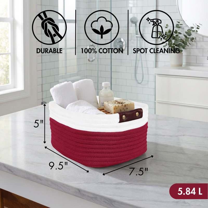 Reva Collection 100% Cotton Storage Basket, Woven Rectangular Organizer Bin, 9.5" x 7.5" x 5", for Shelf Storage, Closet Organization, Bathroom, Nursery, Pantry & Office, Decorative Basket, Red