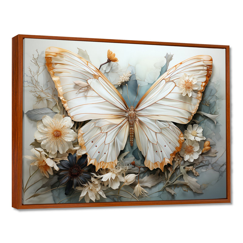 «Bisson White Gray Butterfly», reproduction sur toile encadrée, Reproduction avec cadre flottant, H 34 po x l 44 po, Brun