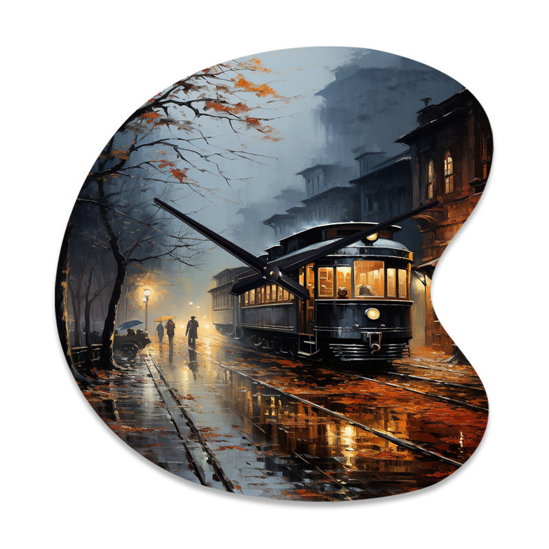 Train Misty Morning Pointillism I - Train, horloge asymétrique en métal, Grand