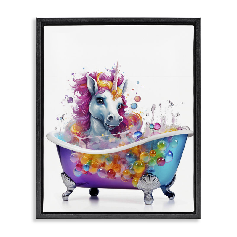 "Rainbow Bubbles", licorne grise, encadrée par Mary Cunningham, Cadre flottant noir de jais, H 21 po x l 17 po