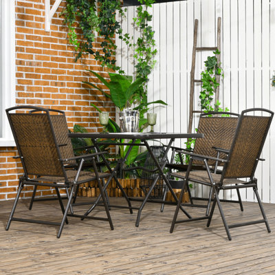 Ensemble de salle à manger de patio en osier 5 pièces, table et chaises d'extérieur pliables, ensemble de salle à manger en osier avec trou pour parasol, table en verre trempé