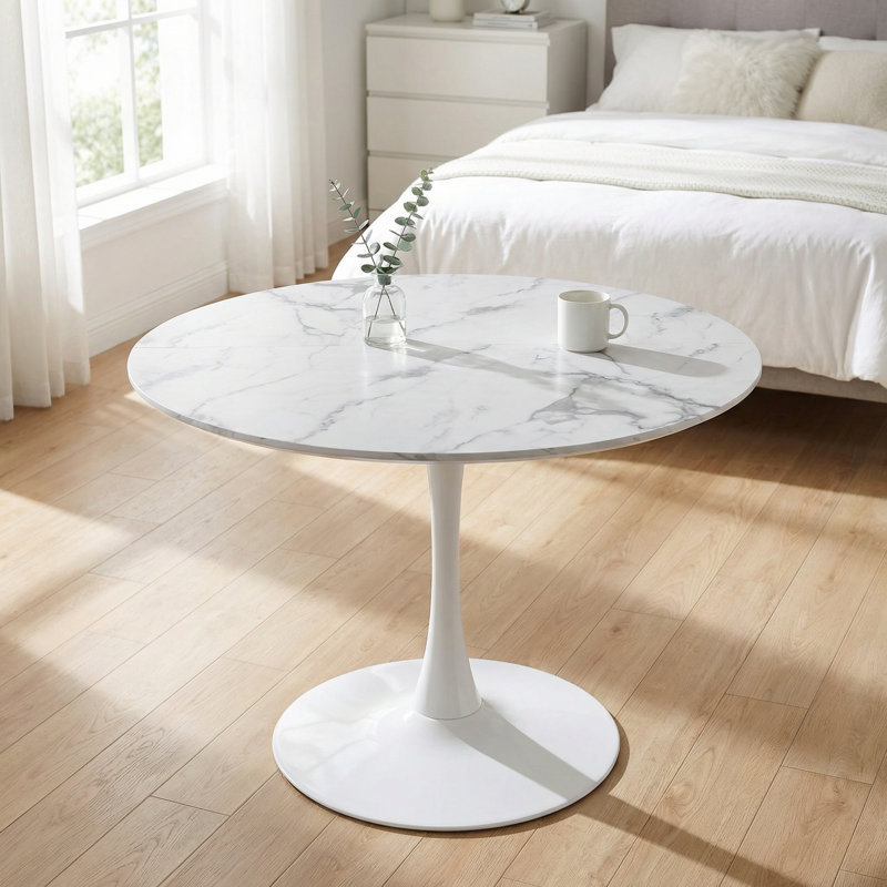 42.1-Inch Round Pedestal Dining Table with White Marble-Look Top, Versatile Mid-Century Style Table for Dining, Living Room, or Office Use