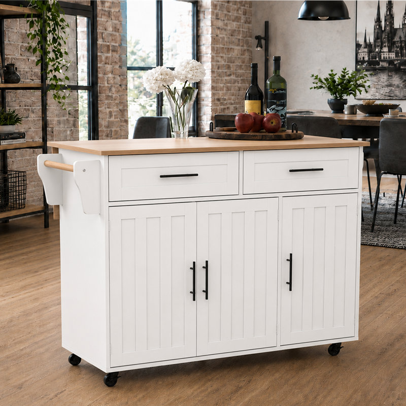 120 cm W Kitchen Island with Wheels, White