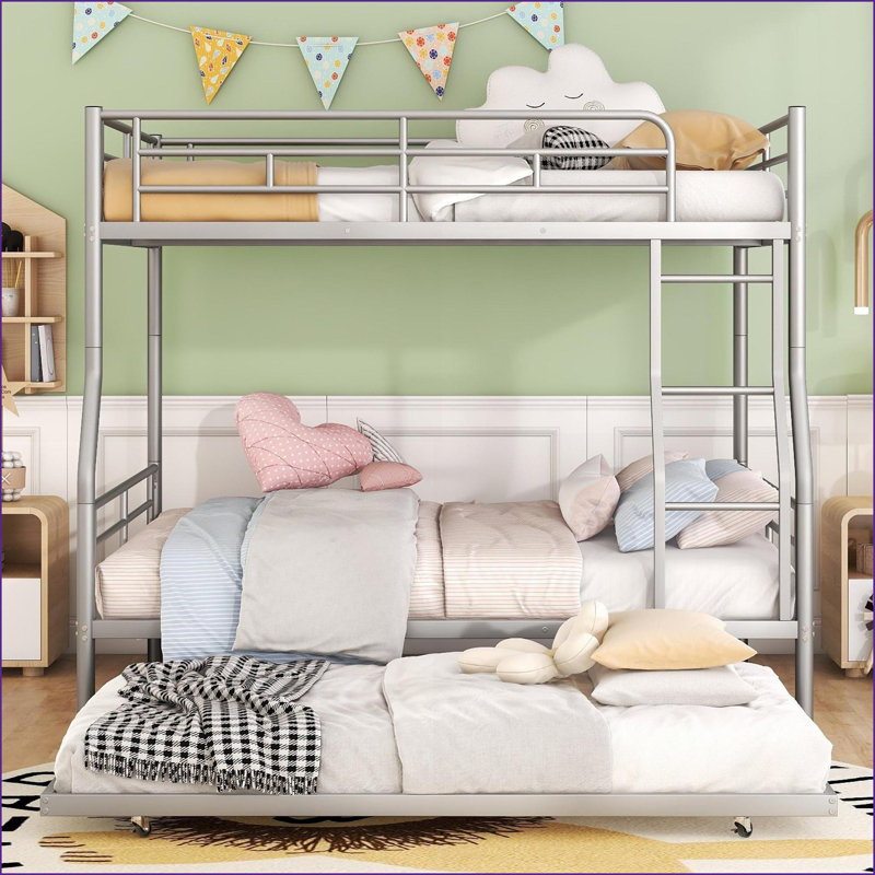 Lit superposé double au-dessus de grand lit double avec lit gigogne - Argent, peu encombrant pour les chambres partagées