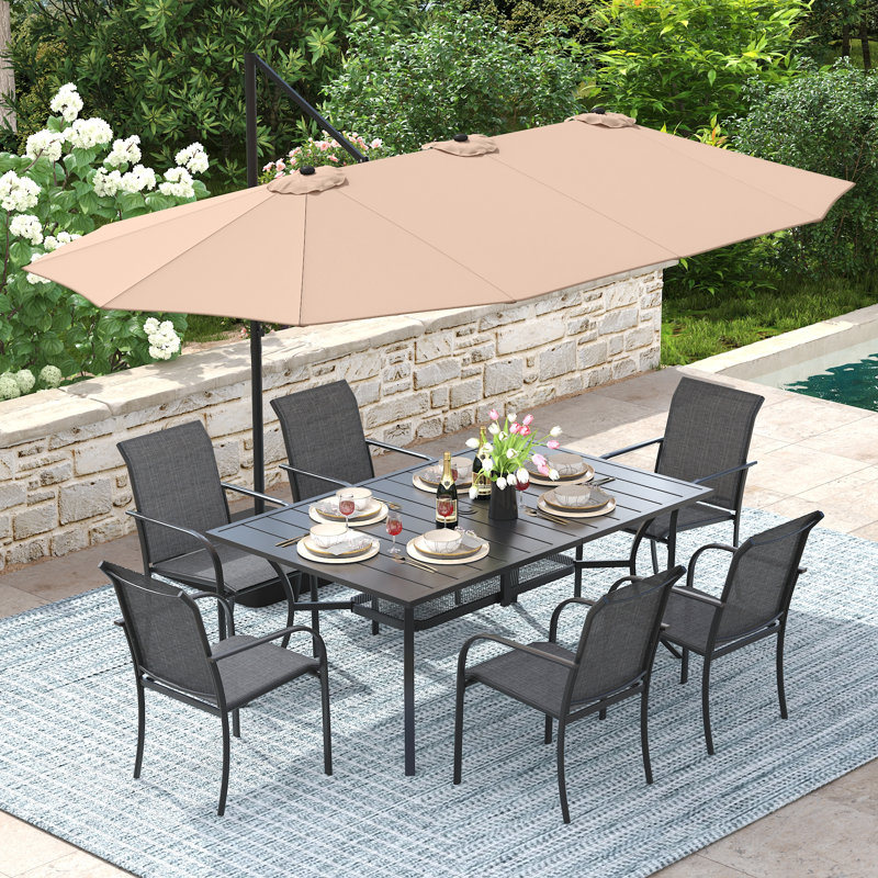6-Person Outdoor Rectangular Patio Dining Set With Umbrella And Stackable  Chairs, Black/Black/Beige