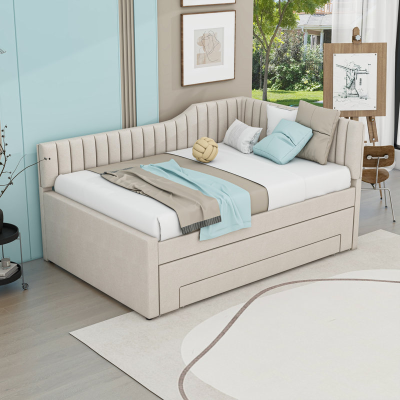 Wooden Upholstered Three Drawers Daybed with Trundle and Slats, Beige, Full