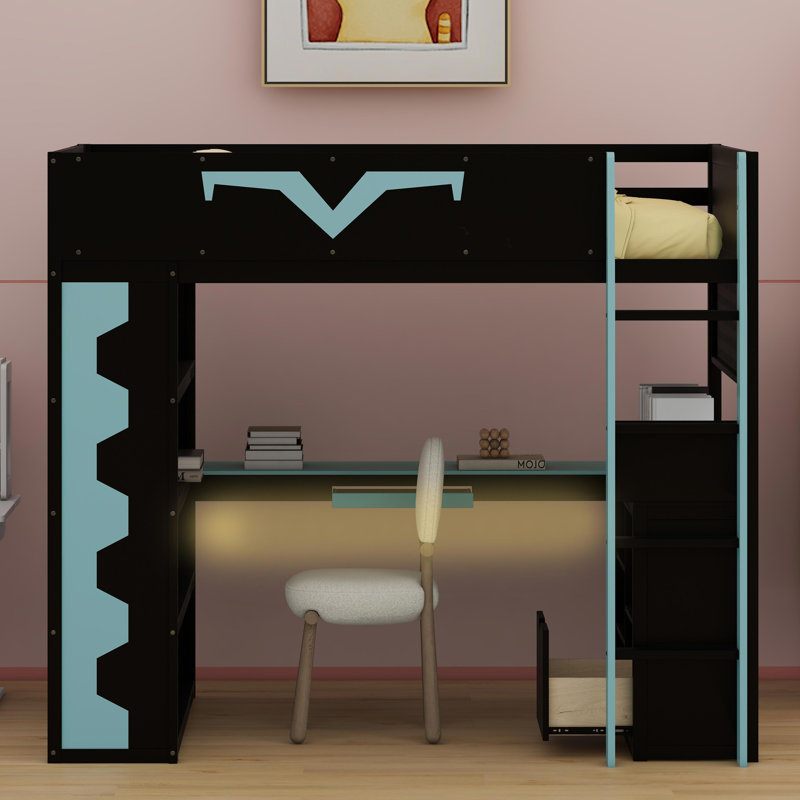 Pro-Gamer Loft Bed Featuring Integrated Workspace, Customizable LED Lights, Power Hub, Bookshelf, Pegboard And Storage Solutions