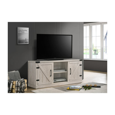 Meuble télé avec armoires de style grange et tablettes ouvertes gris cendré