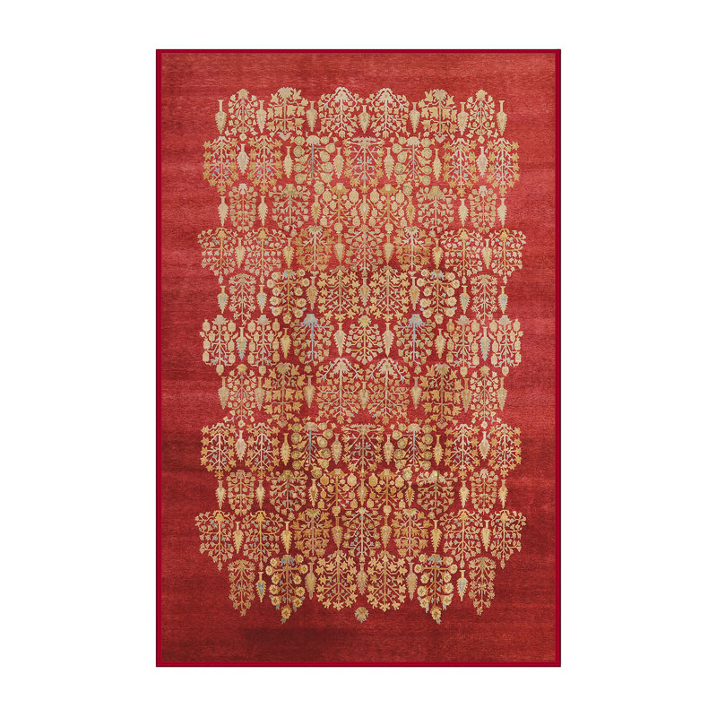 Tapis doré / rouge à motif floral Sazur, Rectangle 8 pi x 10 pi