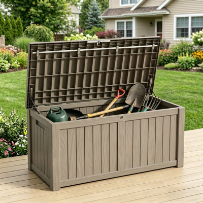 Coffre de jardin en résine de 568 litres (150 gallons), résistant aux intempéries, avec couvercle hydraulique verrouillable, supportant jusqu'à 250 kg (550 lb), servant également de table d'appoint et de siège de patio pour coussins, accessoires de jardin et de piscine.