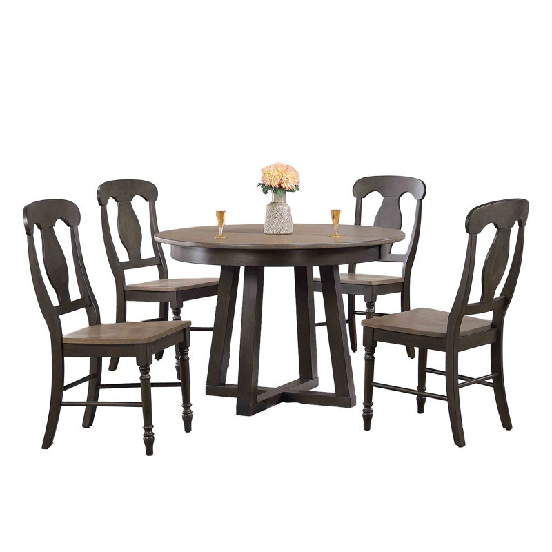 Latresa Extendable Round Solid Wood Dining Set, Gray/Black, Gray/Black, 5 Pieces: 1 Table, 4 Chairs
