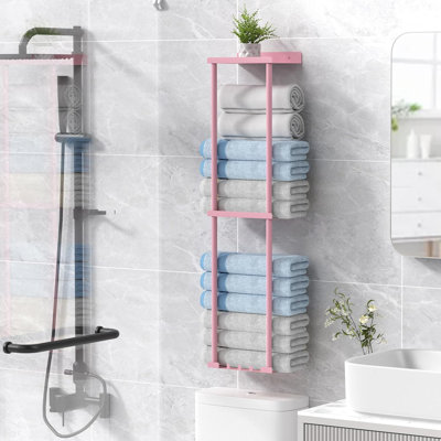 Vertical Wall Mounted Towel Rack With Shelf - Space Saving Bathroom Organizer For Rolled Towels, Sturdy Stainless Steel Construction, Holds Multiple Large Bath Sheets
