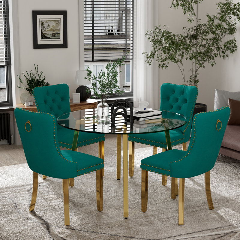 Ensemble de table de salle à manger ronde en verre, Vert, Doré, 3