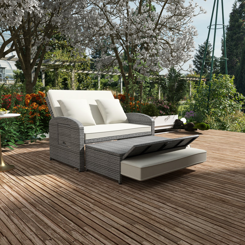 Double Chaise Lounge With Adjustable Back And Cushions, White