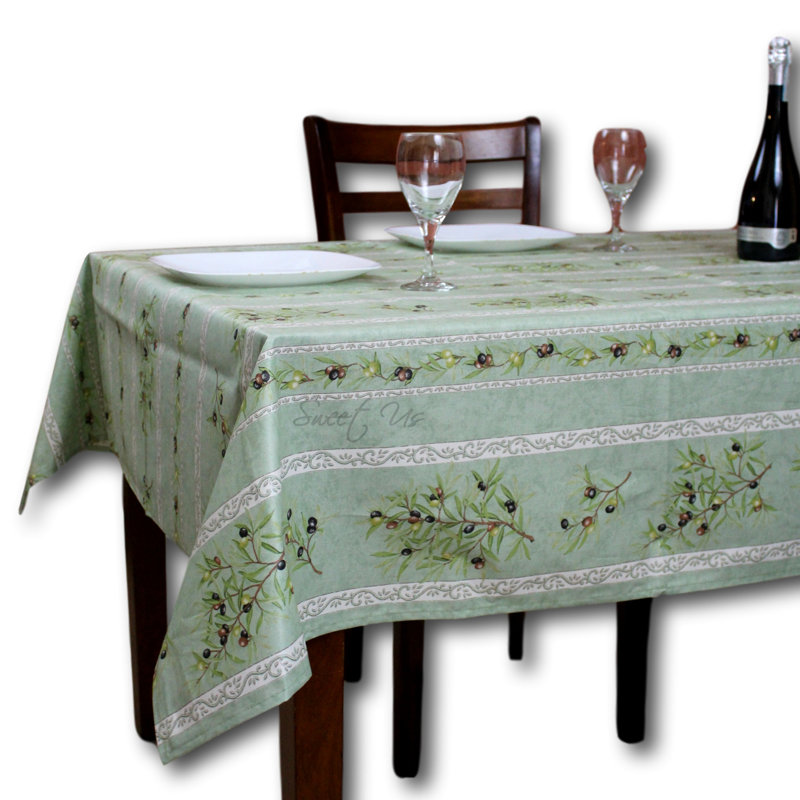Wipeable Stain Resistant Acrylic Coated French Provencal Cotton Olive Floral Tablecloth, 78" x 60", Green