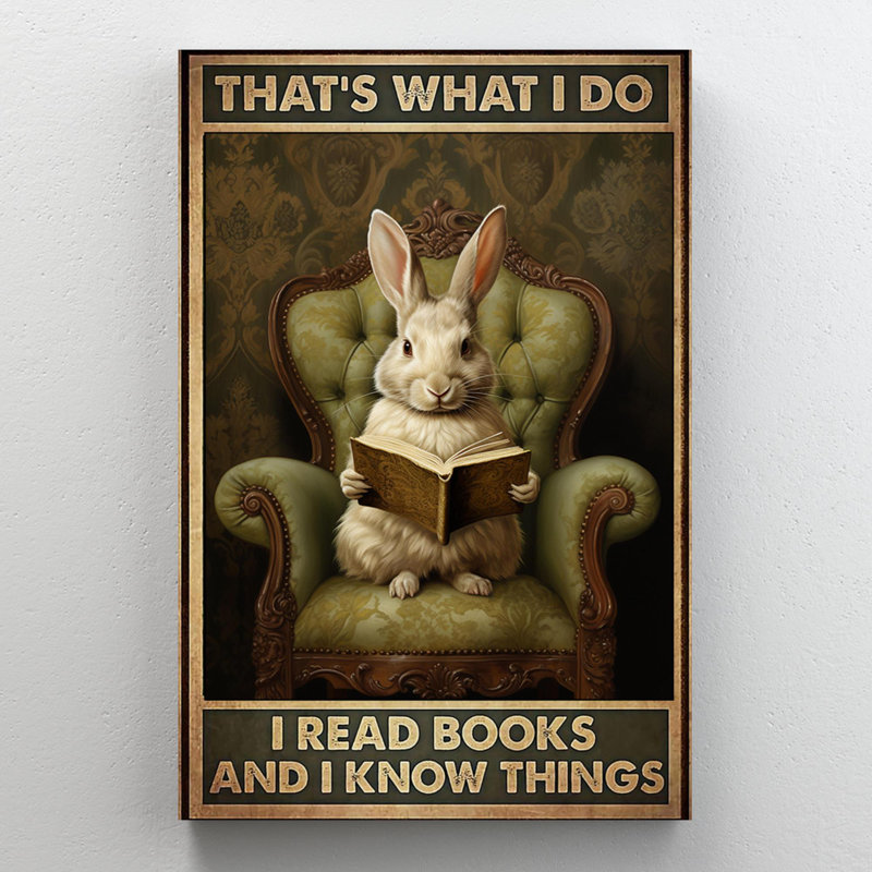 Lapin que je lis des livres - 1 pièce, reproduction d'art graphique sur toile tendue, H 20 po x l 16 po