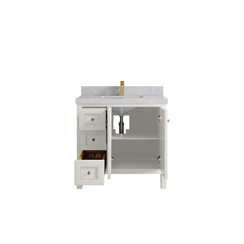 Nashville X P 22 po Meuble-lavabo central en albâtre, Albâtre / or brossé, Quartz gris perle