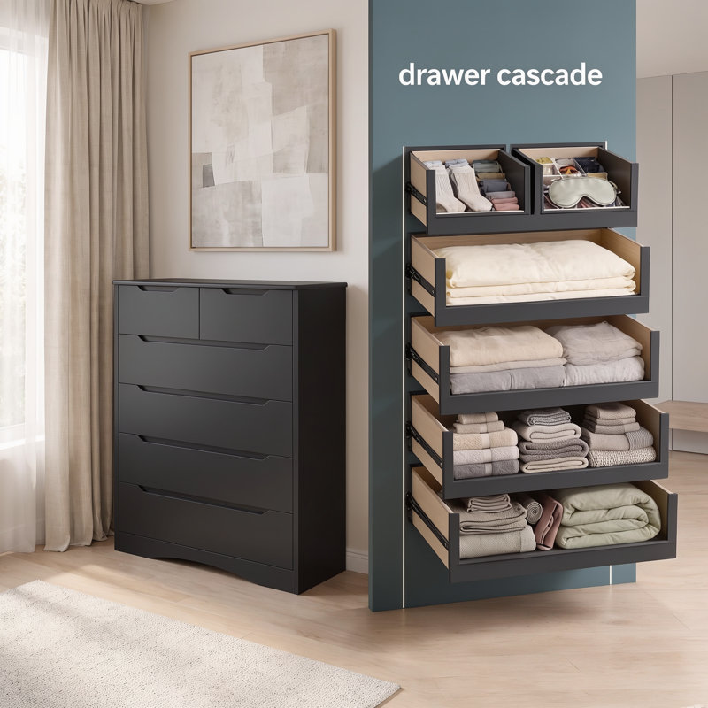 Cherea 6 Drawer Tall Dresser ,Wood Drawer Dresser, Black