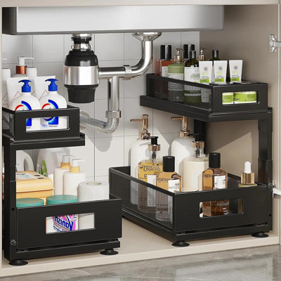 Ensemble de rangement sous l'évier - ensemble de rangement coulissant à 2 niveaux avec glissières à roulement à billes de nouvelle génération - Tablettes réglables en hauteur pour la cuisine, la salle de bain, la buanderie, l'armoire et le garde-manger (brevet en instance)
