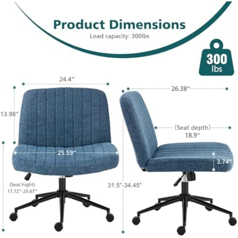 Chaise de bureau Aguilera avec assise large de 66 cm (26 pouces), piètement croisé, sans accoudoirs et à roulettes, Yes