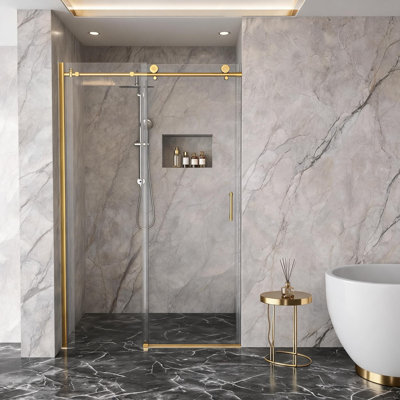 Porte de douche coulissante simple en verre trempé doré de 122 cm x 193 cm avec cadre en acier inoxydable 304