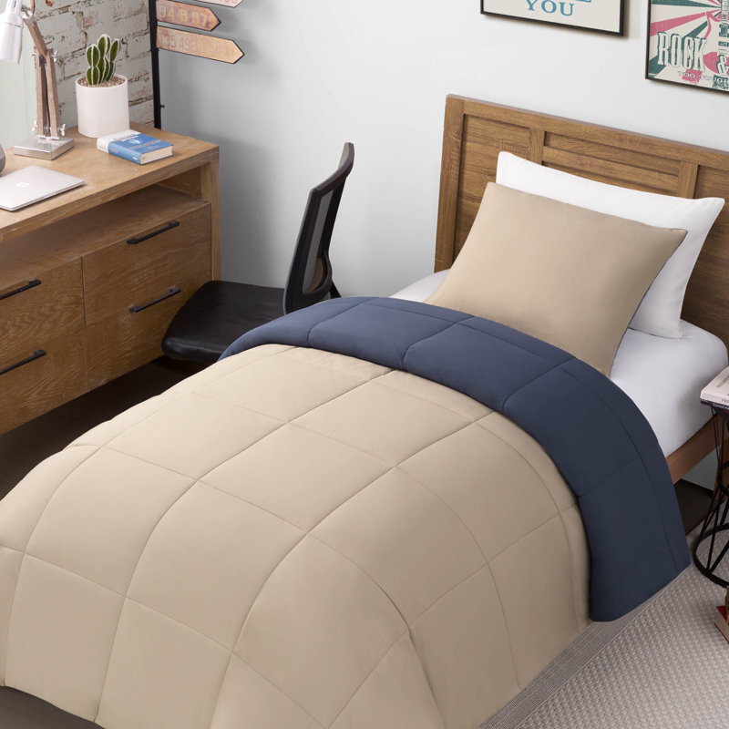 Lucky Brand Box Stitch Reversible Comforter Sets, Queen Comforter + 2 Standard Shams, Vintage Blue Indigo/Tan
