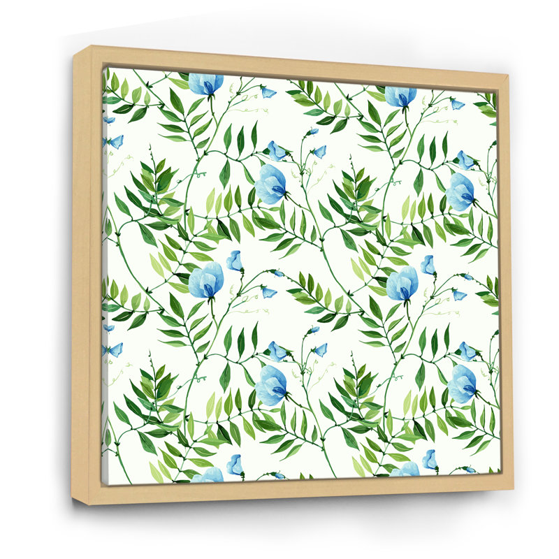 Feuilles tropicales avec petites fleurs bleues - peinture sur toile, H 37 po x l 37 po x P 1,5 po, Érable encadré