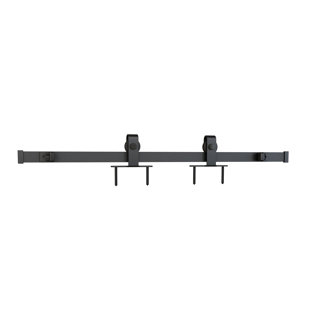 137.75 in. Black Solid Steel Barn Door Hardware Kit for Double Wood Doors with Adjustable Floor Guides (2-Piece Rails) 137.75 in. Black Solid Steel Barn Door Hardware Kit for Double Wood Doors with Adjustable Floor Guides (2-Piece Rails)