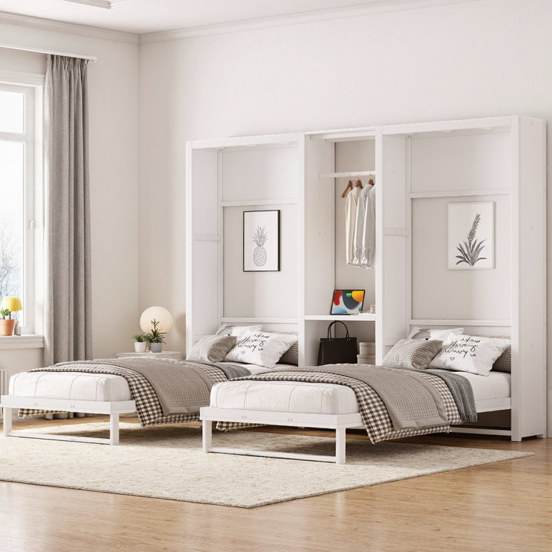 Lit escamotable simple et simple, lit escamotable pliable en métal avec garde-robe, tablettes et prises de courant, conception 2 en 1, peu encombrant