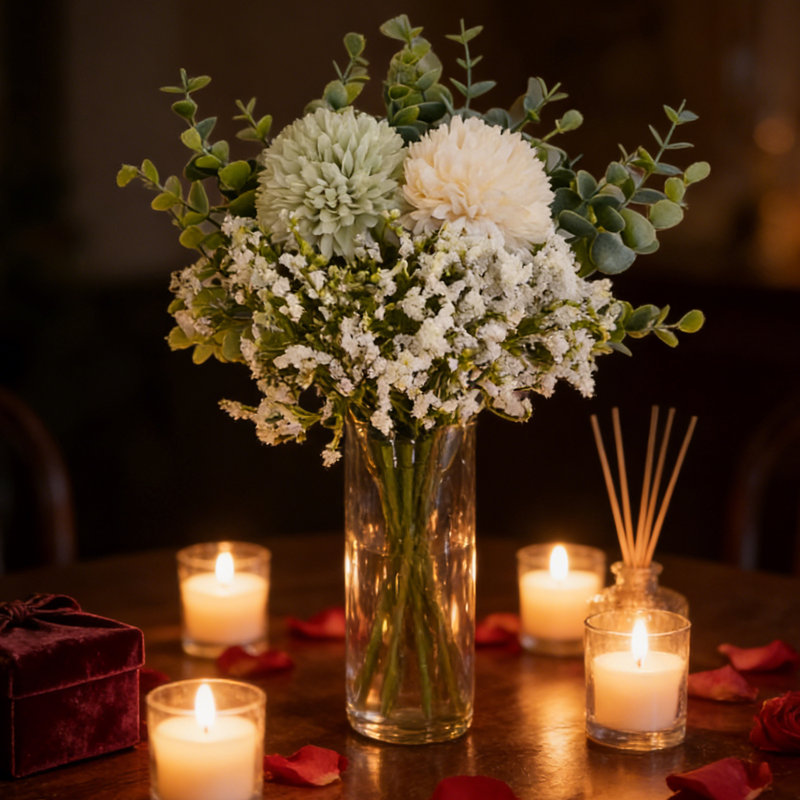 Bouquet de hortensias artificiels, bouquets de gypsophiles, bouquets de fleurs réalistes avec feuille d'eucalyptus pour le mariage, la Saint-Valentin, Pâques et la maison