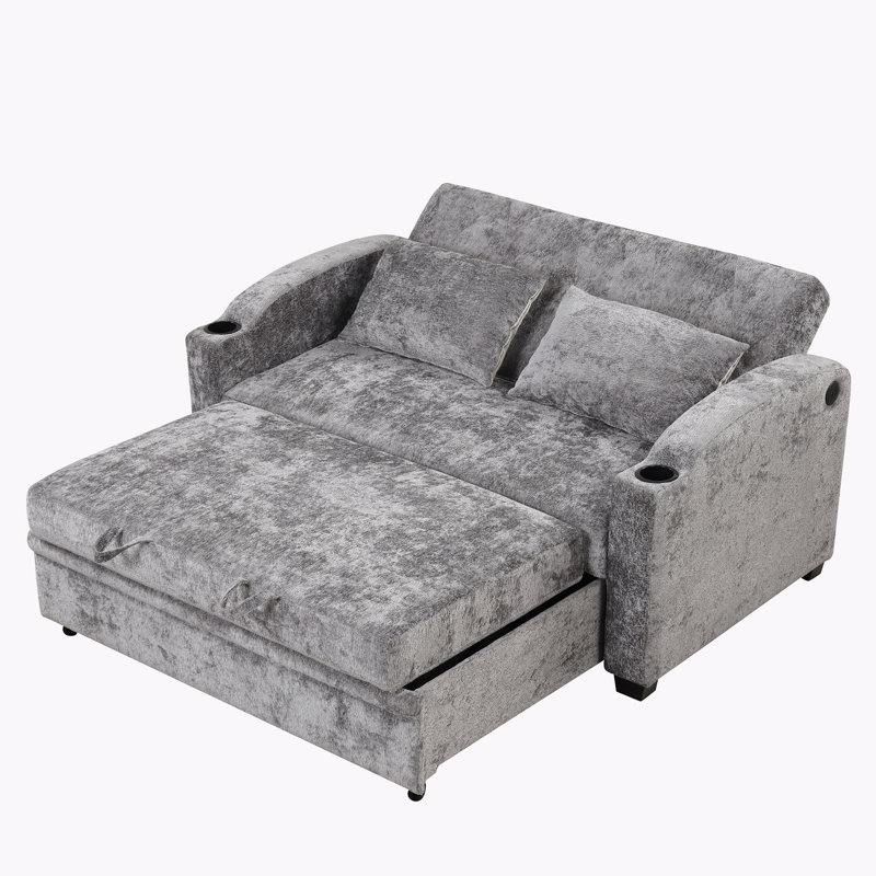 Pull Out Sofa Bed with Adjsutable Backrest, 2 Pillows, Cup Holders, USB Ports, Chenille Gray, 34.25" H x 61.42" W X 34.65" D