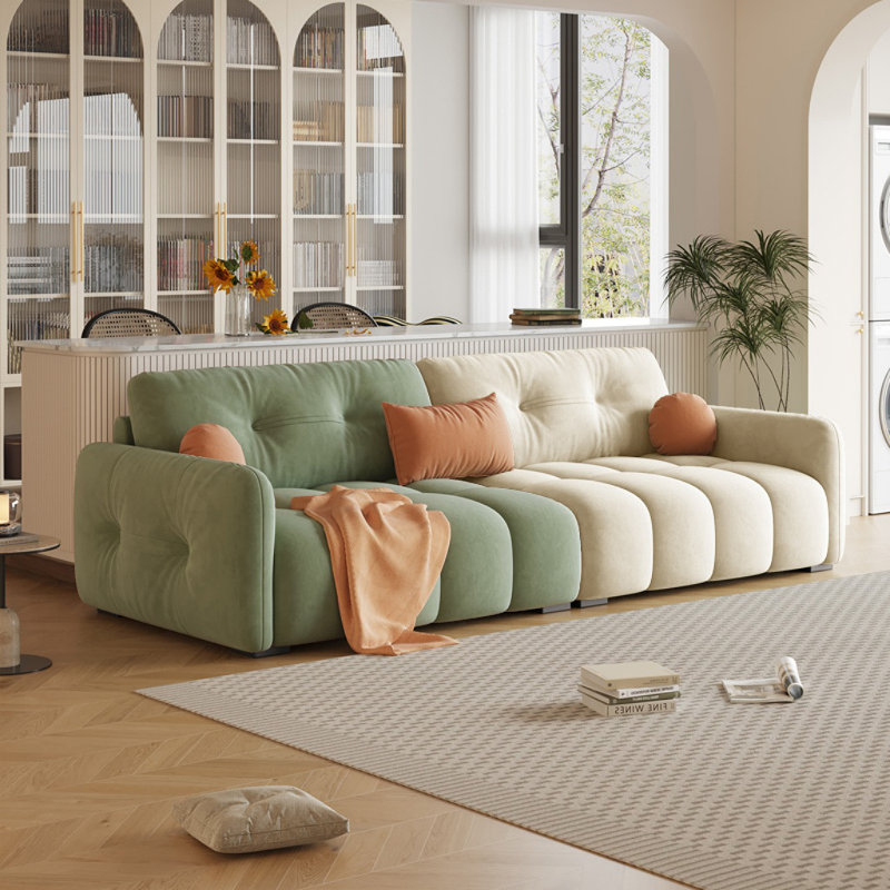 Canapé de salon de style français, Vert / blanc cassé, 3, H 33,46 po x l 94,49 po x P 39,37 po